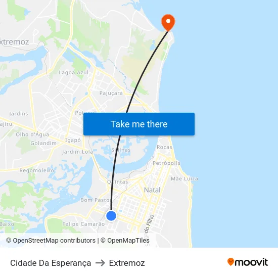 Cidade Da Esperança to Extremoz map