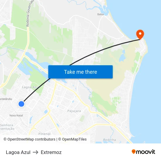 Lagoa Azul to Extremoz map