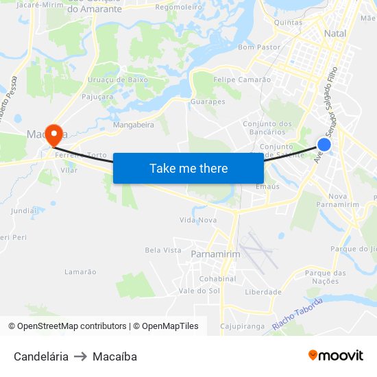 Candelária to Macaíba map