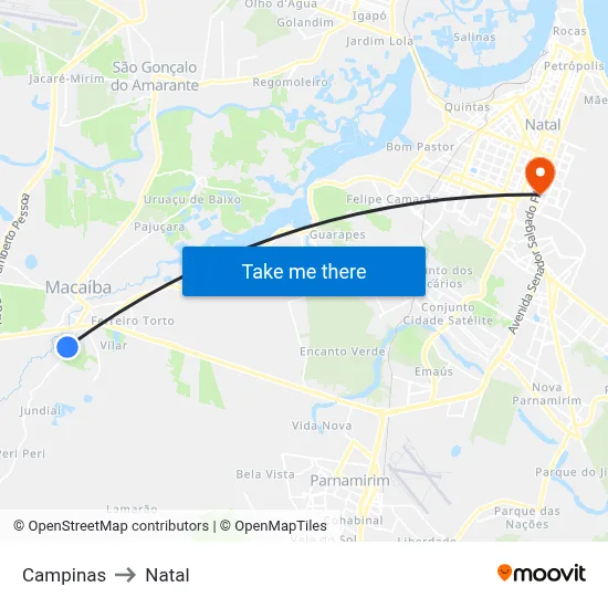 Campinas to Natal map