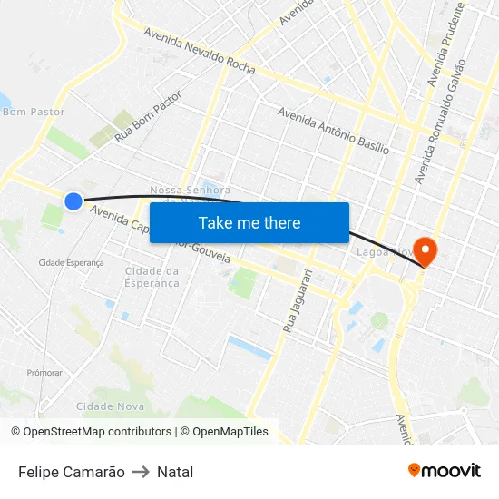 Felipe Camarão to Natal map