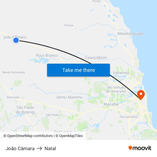 João Câmara to Natal map