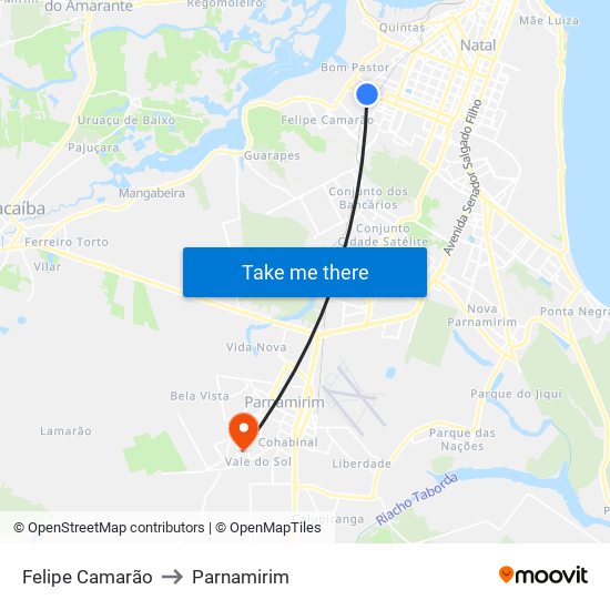 Felipe Camarão to Parnamirim map