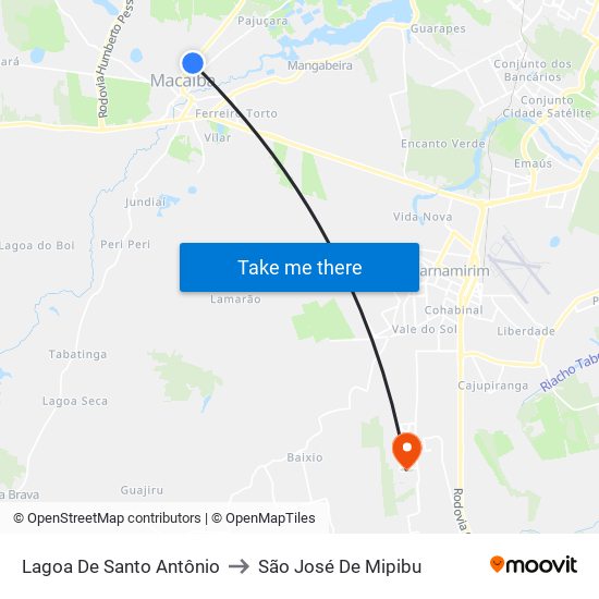 Lagoa De Santo Antônio to São José De Mipibu map