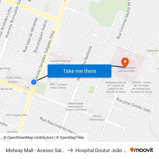 Midway Mall - Acesso Salgado Filho to Hospital Doutor João Machado map