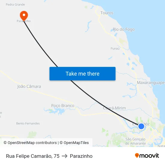 Rua Felipe Camarão, 75 to Parazinho map