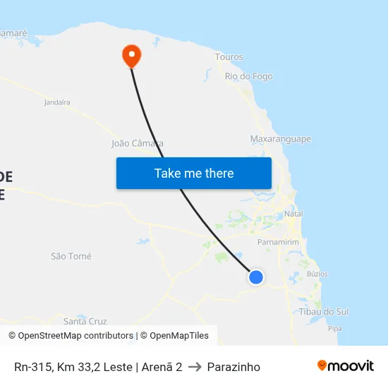 Rn-315, Km 33,2 Leste | Arenã 2 to Parazinho map