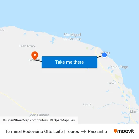 Terminal Rodoviário Otto Leite | Touros to Parazinho map