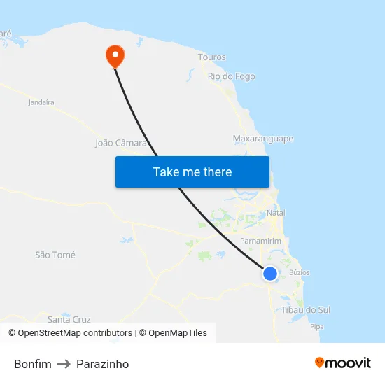 Bonfim to Parazinho map