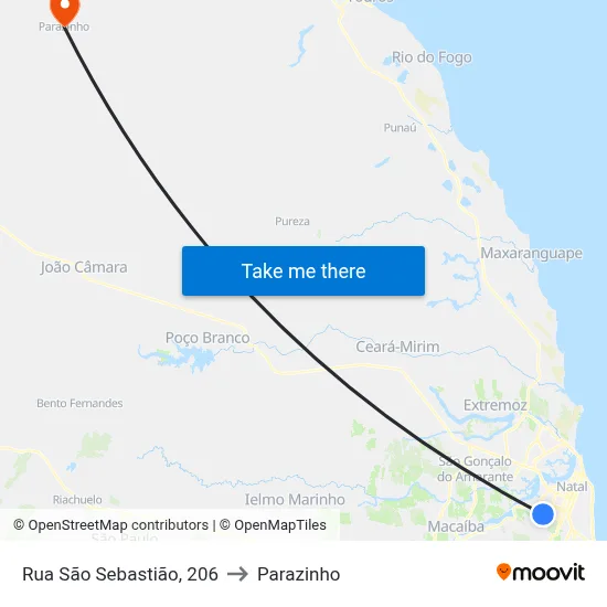 Rua São Sebastião, 206 to Parazinho map