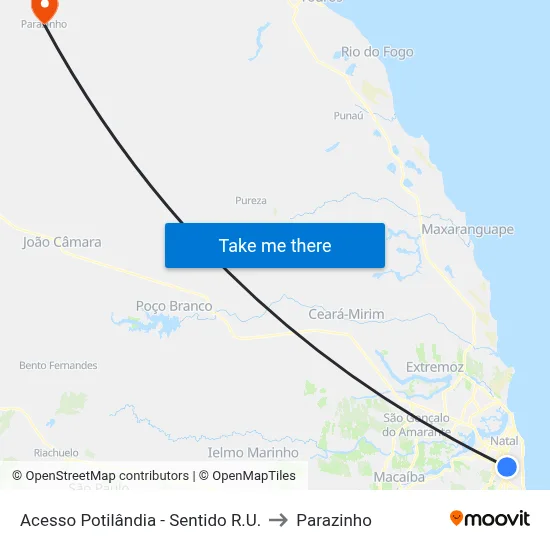 Acesso Potilândia - Sentido R.U. to Parazinho map
