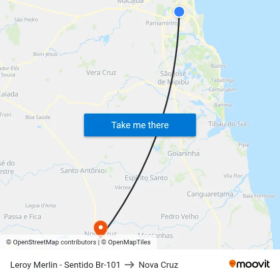 Leroy Merlin - Sentido Br-101 to Nova Cruz map