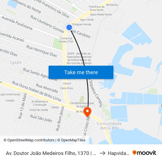 Av. Doutor João Medeiros Filho, 1370 | Caern - Núcleo De Atendimento Zona Norte to Hapvida Zona Norte map