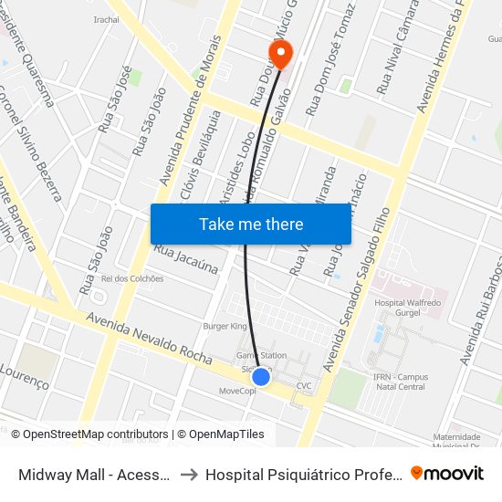 Midway Mall - Acesso Nevaldo Rocha to Hospital Psiquiátrico Professor Severino Lopes map