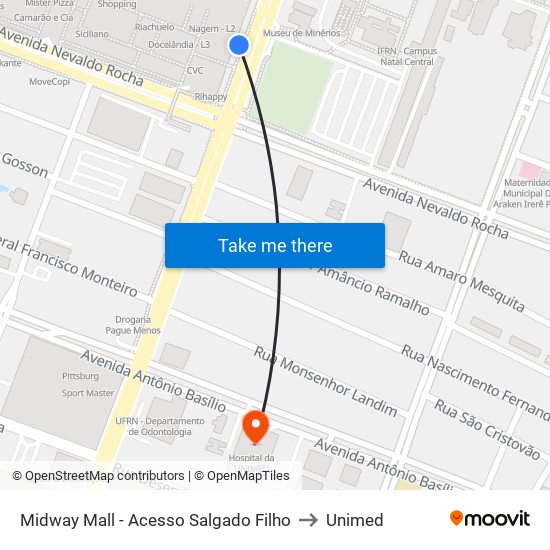 Midway Mall - Acesso Salgado Filho to Unimed map