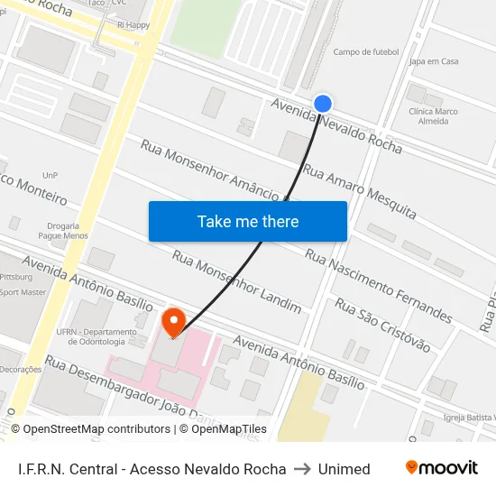 I.F.R.N. Central - Acesso Nevaldo Rocha to Unimed map