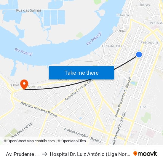 Av. Prudente De Morais, 550 to Hospital Dr. Luiz Antônio (Liga Norte Riograndense Contra o Câncer) map