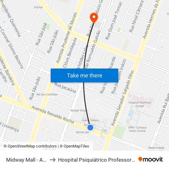 Midway Mall - Acesso Nevaldo Rocha to Hospital Psiquiátrico Professor Severino Lopes (Casa de Saúde Natal) map