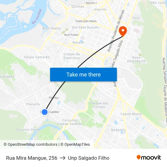 Rua Mira Mangue, 256 to Unp Salgado Filho map