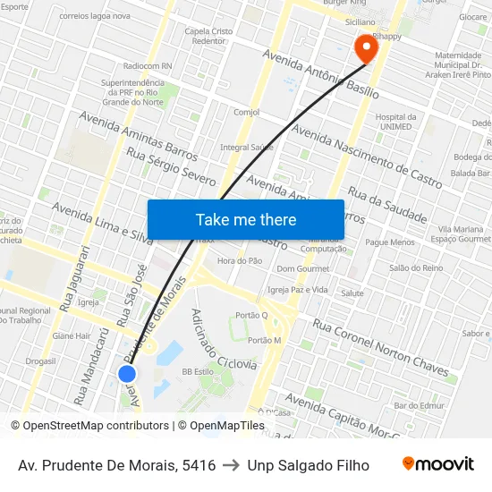 Av. Prudente De Morais, 5416 to Unp Salgado Filho map