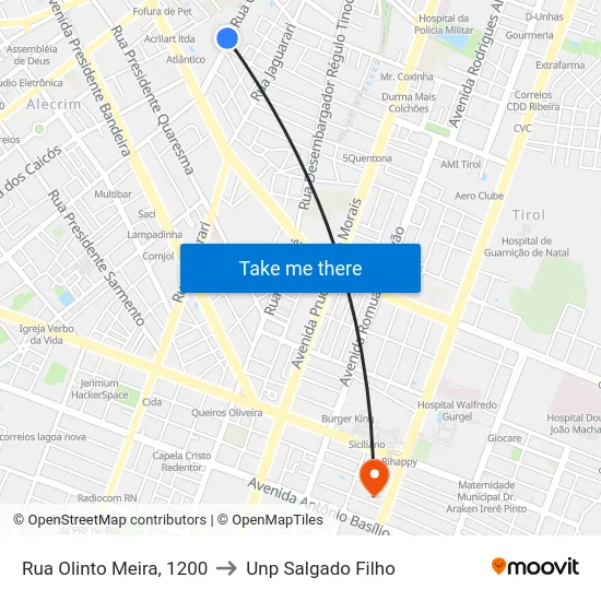 Rua Olinto Meira, 1200 to Unp Salgado Filho map