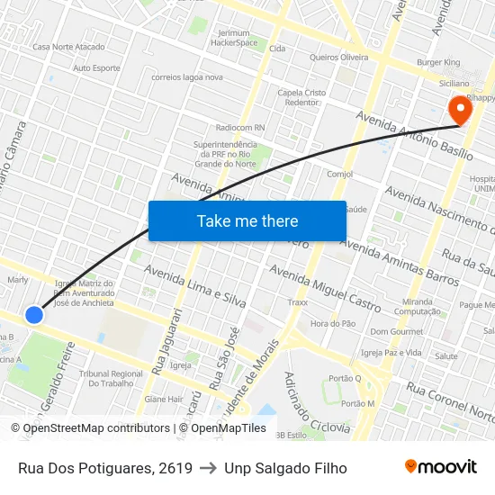 Rua Dos Potiguares, 2619 to Unp Salgado Filho map