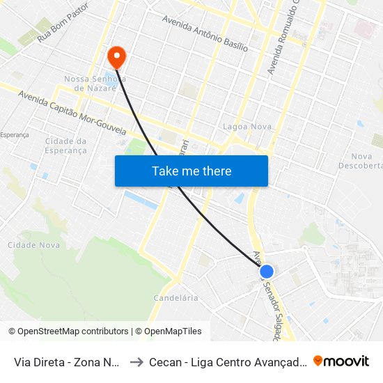 Via Direta - Zona Norte / Oeste to Cecan - Liga Centro Avançado De Oncologia map