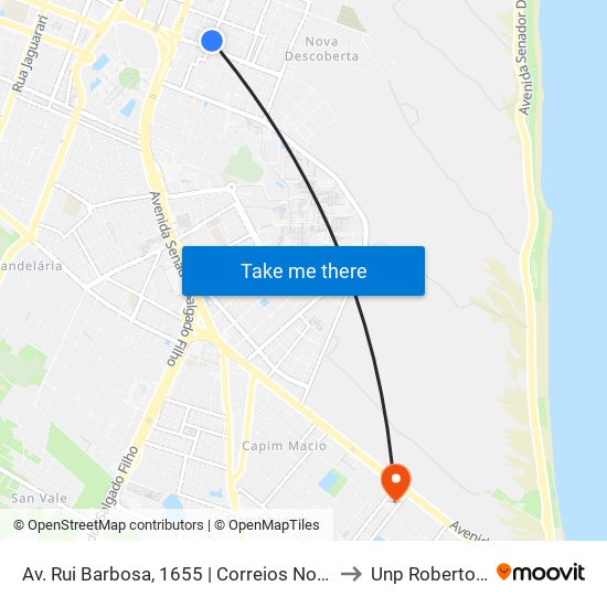 Av. Rui Barbosa, 1655 | Correios Nova Descoberta to Unp Roberto Freire map