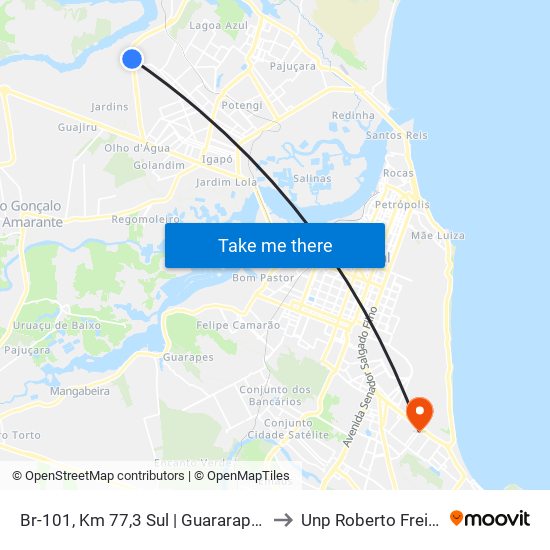 Br-101, Km 77,3 Sul | Guararapes to Unp Roberto Freire map