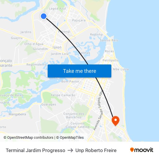 Terminal Jardim Progresso to Unp Roberto Freire map