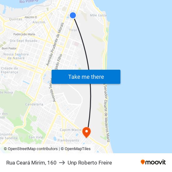Rua Ceará Mirim, 160 to Unp Roberto Freire map