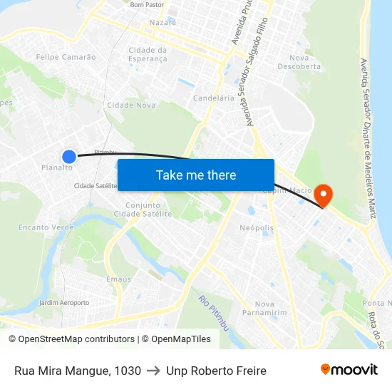 Rua Mira Mangue, 1030 to Unp Roberto Freire map