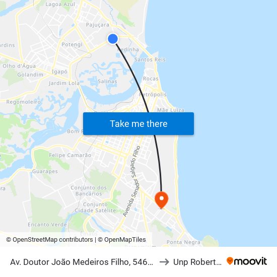 Av. Doutor João Medeiros Filho, 5460 | New Way Center to Unp Roberto Freire map