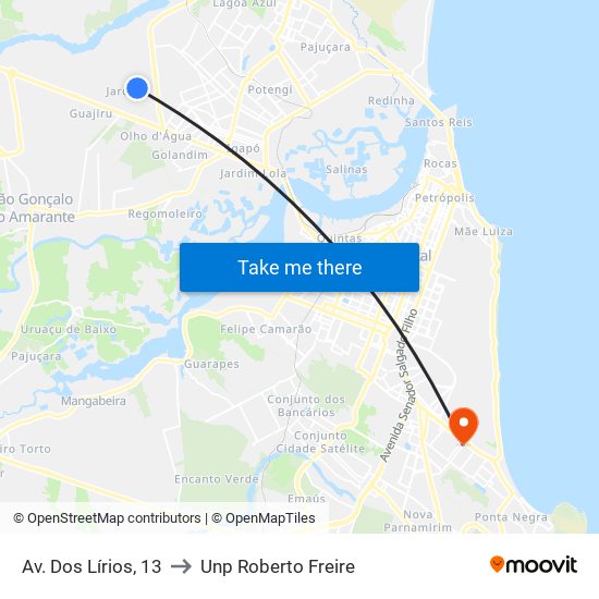 Av. Dos Lírios, 13 to Unp Roberto Freire map