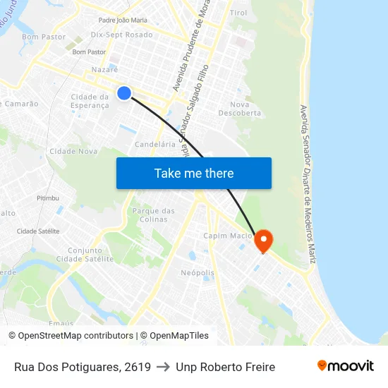 Rua Dos Potiguares, 2619 to Unp Roberto Freire map