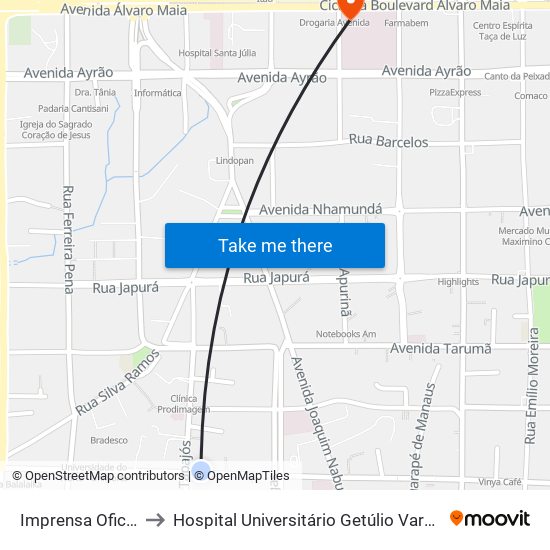 Imprensa Oficial to Hospital Universitário Getúlio Vargas map