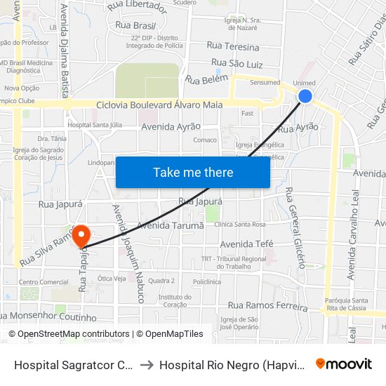 Hospital Sagratcor C/B to Hospital Rio Negro (Hapvida) map