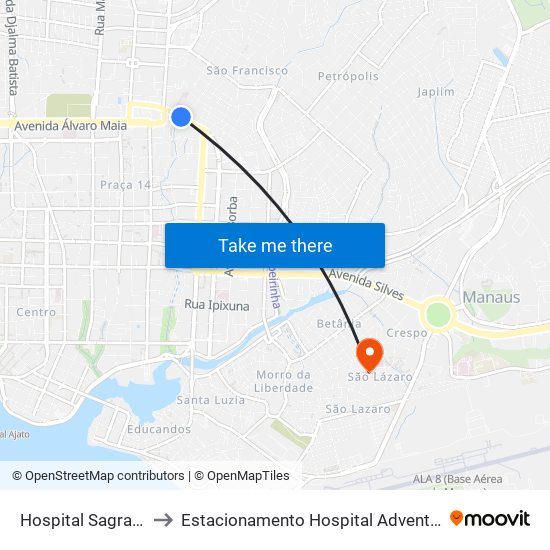 Hospital Sagratcor C/B to Estacionamento Hospital Adventista de Manaus map