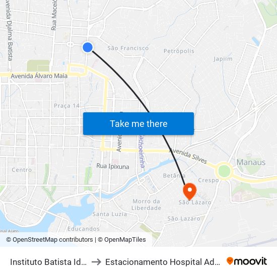 Instituto Batista Ida Nelson C/B to Estacionamento Hospital Adventista de Manaus map