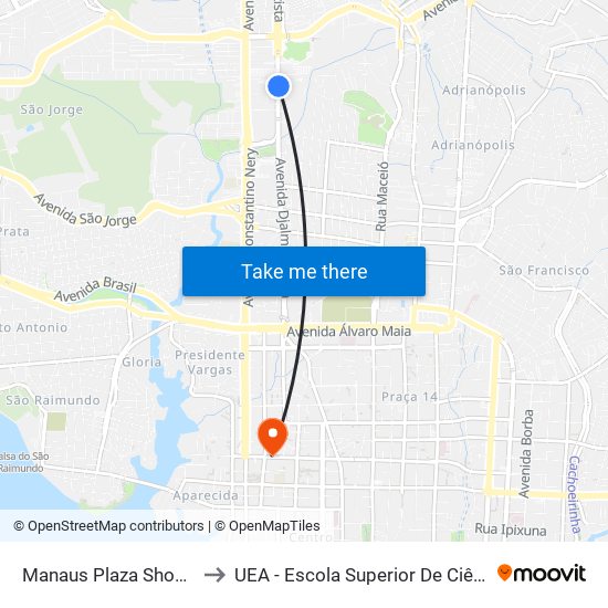 Manaus Plaza Shopping C/B to UEA - Escola Superior De Ciências Sociais map