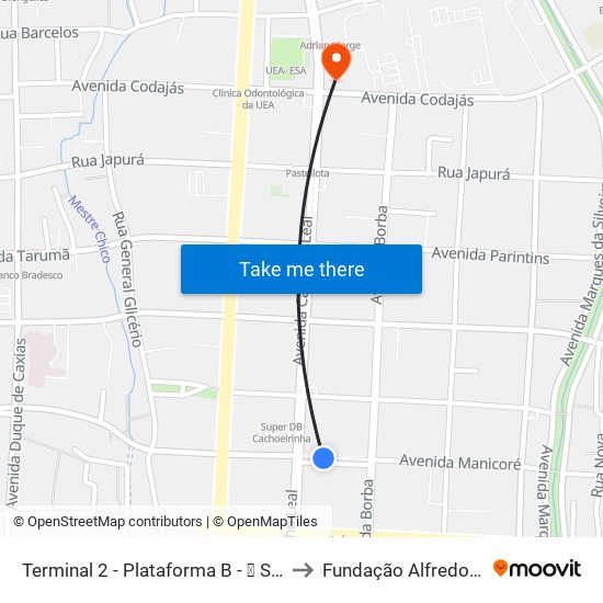 Terminal 2 - Plataforma B - ➒ Sentido Bairro to Fundação Alfredo Da Mata map