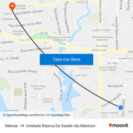 Sebrae to Unidade Básica De Saúde Ida Mentoni map