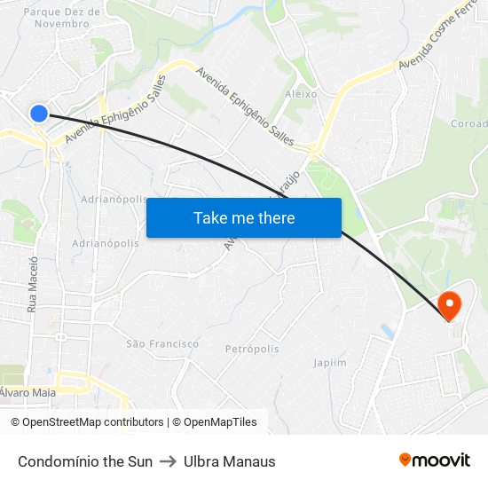 Condomínio the Sun to Ulbra Manaus map