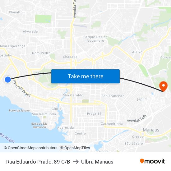 Rua Eduardo Prado, 89 C/B to Ulbra Manaus map