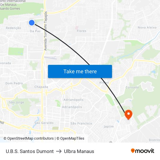 U.B.S. Santos Dumont to Ulbra Manaus map