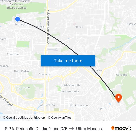 S.P.A. Redenção Dr. José Lins C/B to Ulbra Manaus map