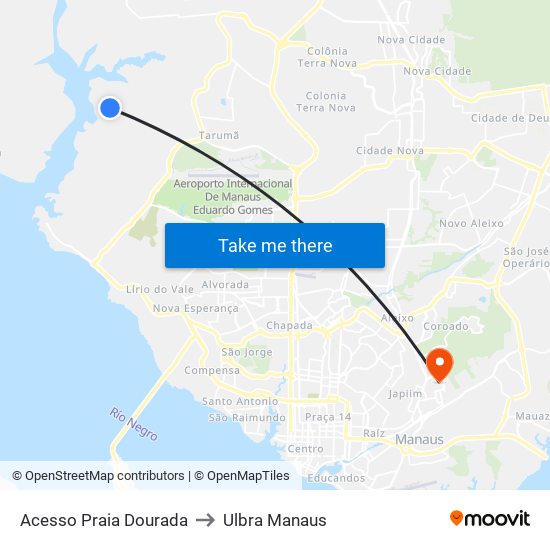 Acesso Praia Dourada to Ulbra Manaus map