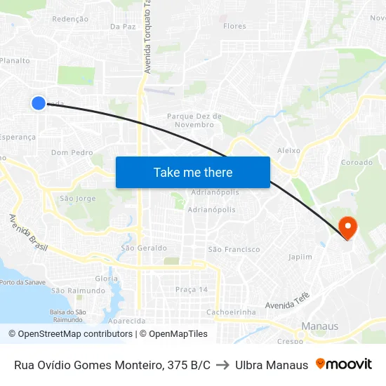 Rua Ovídio Gomes Monteiro, 375 B/C to Ulbra Manaus map