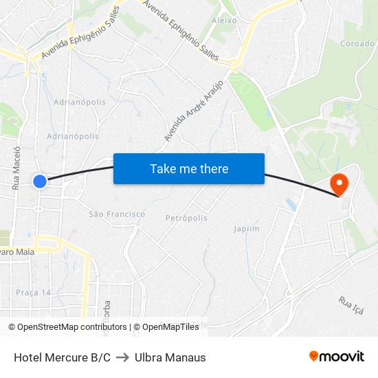 Hotel Mercure B/C to Ulbra Manaus map