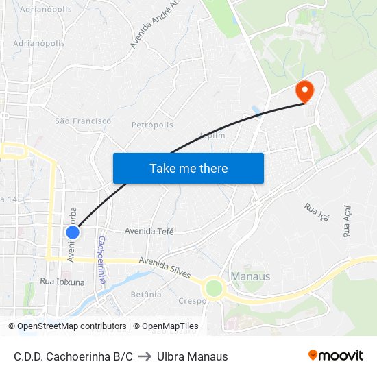 C.D.D. Cachoerinha B/C to Ulbra Manaus map